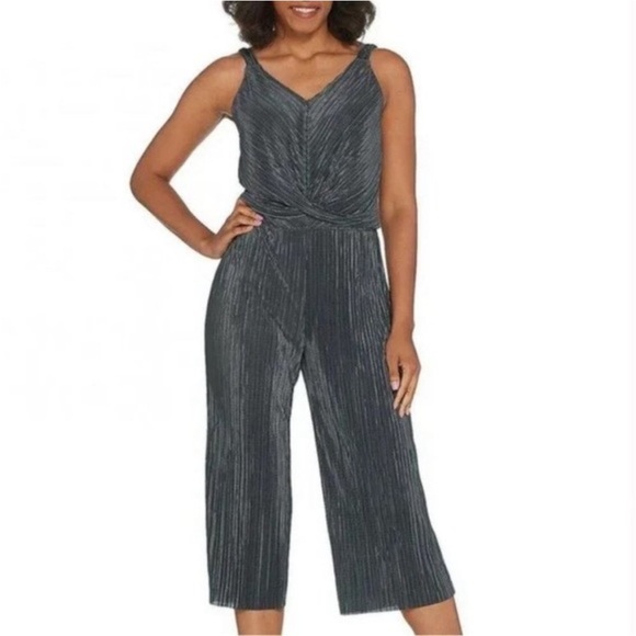 Lisa Rinna Collection Pants - Black Plisse Micro Pleated Tank Top Cropped Wide Leg Jumpsuit
